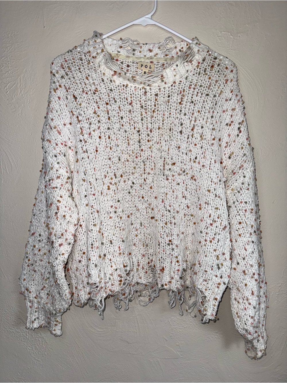 POL Distressed Confetti Knit Sweater Ivory Speckled Fringe Hem Size S